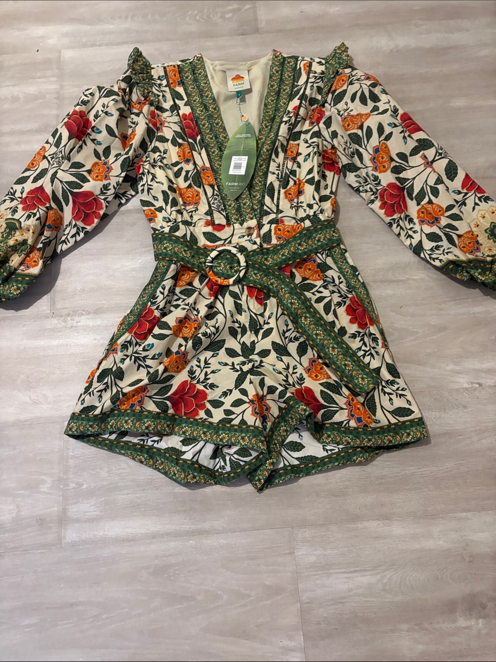 Farm Rio Floral Belted V-Neck Romper with Puff Sleeves
